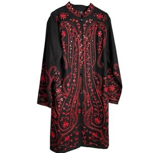 Metrostyle Embroidered Sequined Coat Womens LT Black Red Wool Mandarin Collar